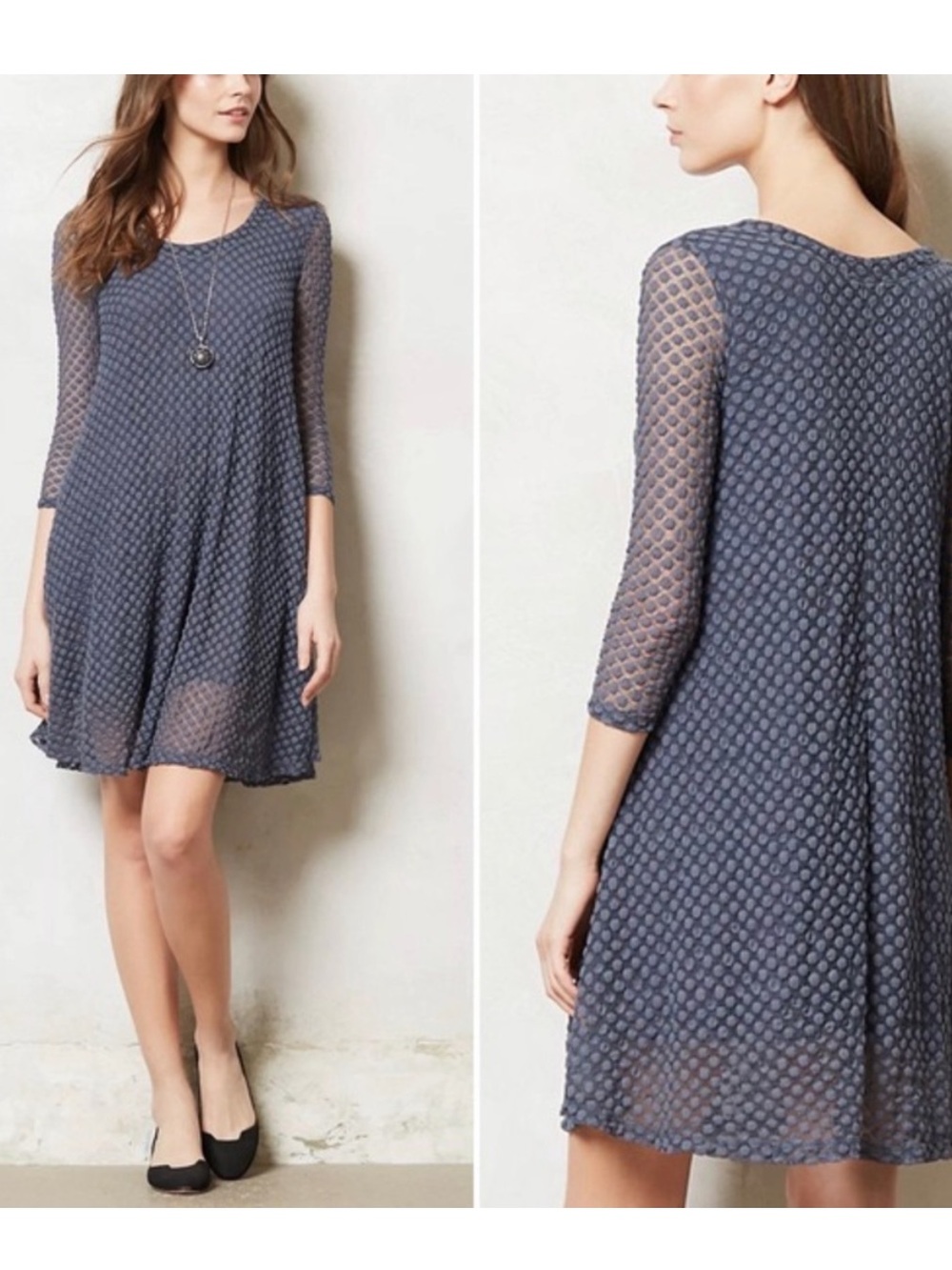 Lilka Anthropologie Blue Swiss Dot Mesh Overlay Scoop Neck Swing Dress